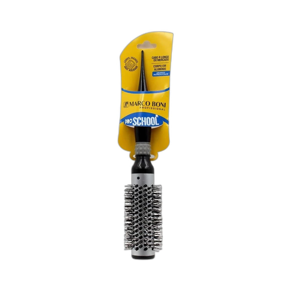 Escova Marco Boni Pro School Prata 7640 33mm com embalagem amarela e detalhes do produto